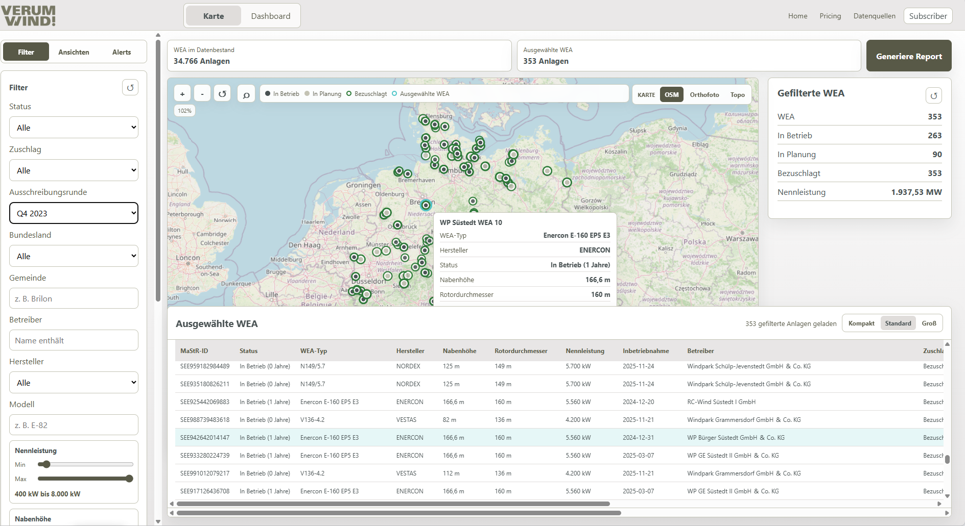 VERUM WIND Karte mit gefilterter WEA-Auswahl und Tabelle